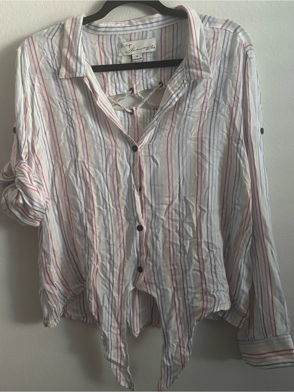 Vintage Striped Button-Down Shirt in White with Pink & Blue Stripes